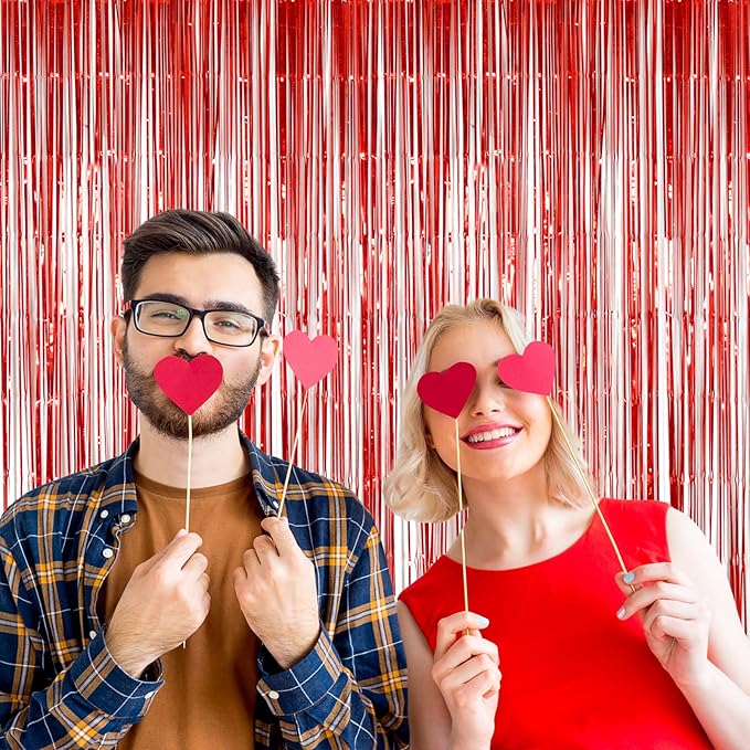 Foil Fringe Curtains Party Decorations - Melsan 3 Pack 3.2 x 8.2 ft Tinsel Curtain Party Photo Backdrop for Birthday Party Baby Shower or Graduation Decorations (Pure red)