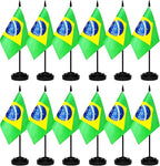 12 Pack Brazil Desk Flags Set, Brazilian Small Mini Table Office Flags with 12" Solid Black Pole, 8.2 x 5.5 Inches, Home and Office Decoration, Festival Celebrations
