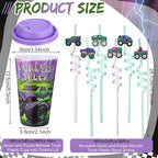 Yungyan 16 Sets Green Purple Monster Truck Party Favors Goodie Cups with Lids and Straws for Halloween Party Decorations Reusable 16oz Plastic Candy Cups Plastic Straws for Birthday Gift(Truck)