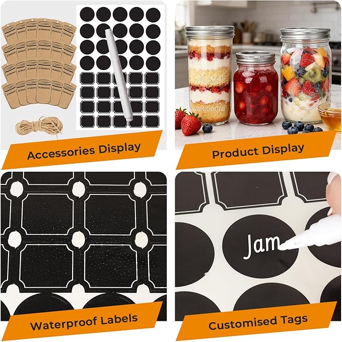 CycleMore Mason Jars Bundle, 12 Pack J Canning Jars With Bands and Lids, Ideal for Jam, Honey, Wedding/Shower Favors, DIY & Oats - 32 OZ x 4, 24 OZ x 4, 16 OZ x 4 (16oz - 24oz - 32oz)