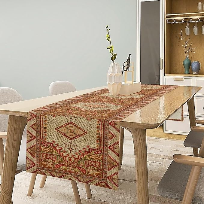 Boho Bohemia Style Orange Table Runner, Country Rustic Farmhouse Magical Abstract Print Pattern for Home Kitchen Table Decor Dining Coffee Room Garden Party Decor 13x120in