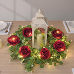 Dolicer 2Pcs 13Ft Artificial Eucalyptus Garlands with Flowers - 8 Roses, Faux Floral Greenery Garlands with 13Ft String Lights Fake Flowers Vines for Wedding Table Centerpieces Arch Party Decor (Red)