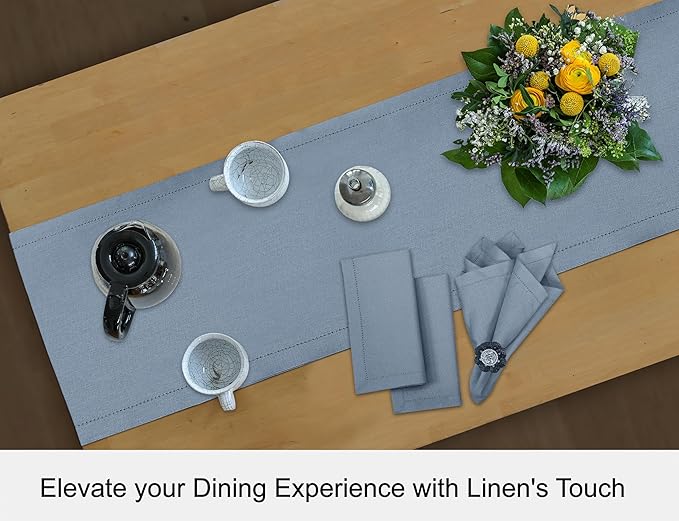 Ruvanti Linen Table Runner 120 Inches, Classic Hemstitch, Washable, Reusable, Non-Slipping, Stain Resistant- Perfect for Parties, Weddings, Dinners, Thanksgiving, Christmas, Indoor use – Grey