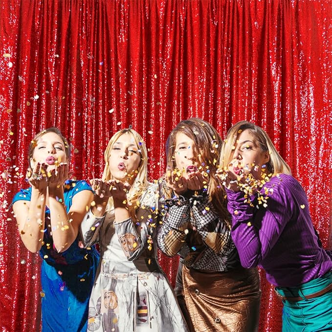 SquarePie Sequin Backdrop Curtain Not See Through Thick Glitter Background for Party 6FT x 6FT Red