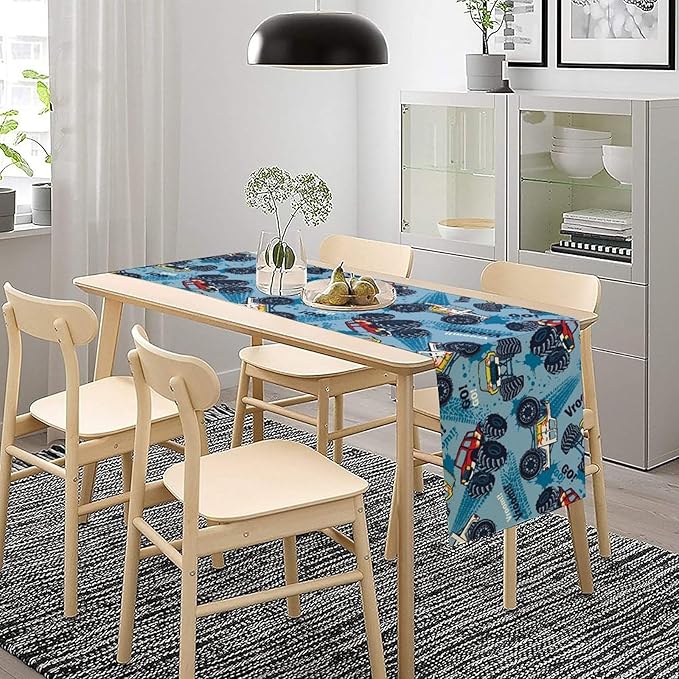 Monster Truck Table Runner,for Kids Boys Cool Colorful Cartoon Blue Cars Pattern Print Tablecloth Burlap for Hotel Indoors Outdoor Dining Room Kitchen Home Decor,W13X L60 in