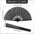 Thyle 6 Pcs Large Folding Fan for Line Dancing Bulk Boots on The Ground Hand Fan Black Popping Clapping Party Favors Decoration Gift for Edm Festival Club Summer(Classical)