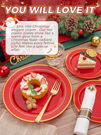 175 Pieces Christmas Plastic Plates - Red Plastic Plates with Gold Rim Include 25 Dinner Plate 10”, 25 Dessert Plate 7”, 25 gold Cups 9 OZ, 25 Pre Rolled Napkins for Christmas/Party