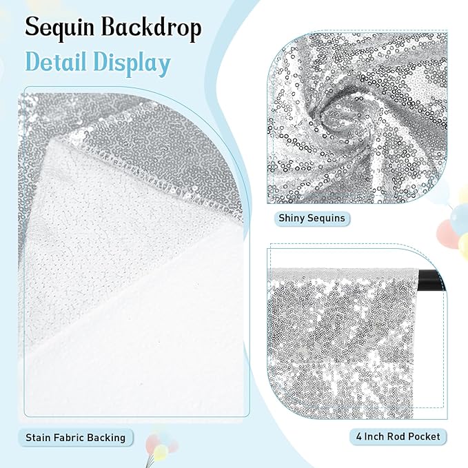 SquarePie Sequin Backdrop Not See Through Thick Stain Background for Photography Glitter Curtain Party 6FT x 8FT Silver