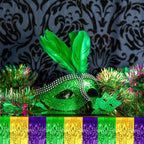 4 Pack 29x108 Inch Mardi Gras Metallic Foil Fringe Tinsel Table Skirts for Rectangle Tables Streamer Backdrop for Wedding, Birthday, Parade Floats, Valentine's Day Party Decoration(Gold Green Purple)