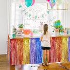 BEISHIDA 2 Pack Rainbow Metallic Tinsel Foil Fringe Table Skirts for Rectangle and Round Tables - Kids' Birthday, Baby Shower, Holiday Party Decor