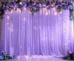 Purple Sheer Backdrop Curtains with Lights String for Baby Shower Girls 2 Panels 5×8ft Tulle Backdrop Curtain for Wedding Bridal Shower Elephant Birthday Party Photo Shoot Background Decorations