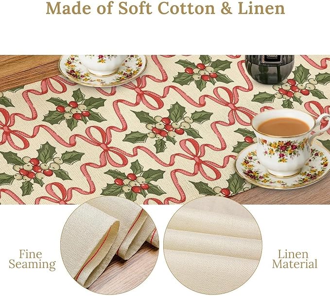 Christmas Table Runner,Xmas Holiday Bowknot Decor Table Cloth Kitchen Dining Table Decoration for Home Party Decor 13x120 Inch