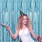 4 Pack 3.3x8.2 Feet Light Blue Foil Fringe Backdrop Curtains, Tinsel Streamers Birthday Party Decorations, Fringe Backdrop for Graduation, Baby Shower, Gender Reveal, Disco Party