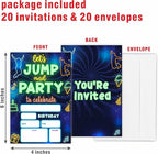 Glow Trampoline Birthday Invitations, Let's Jump & Party Birthday Invite Cards（20 Count) With Envelopes, Neon Double-Sided Fill In Style Invite Cards For Boys & Girls, Birthday Party Supplies-B07