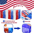 4 Pack 29x108 Inch Metallic Foil Fringe Tinsel Table Skirts for Rectangle Tables Streamer Backdrop for Wedding, Birthday, Parade Floats, Christmas, Halloween Party Decoration(White Blue Red)