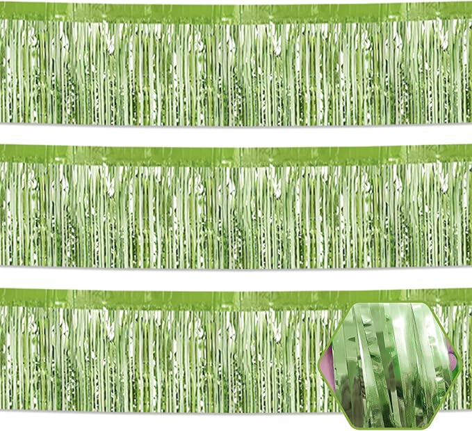 3 Pack 10 Long Light Green Metallic Foil Fringe Garland Wall Hanging Tassle Banner, Mother's Day, Easter, Parade Floats, Birthday, Theme Party, Wedding Party Decorations