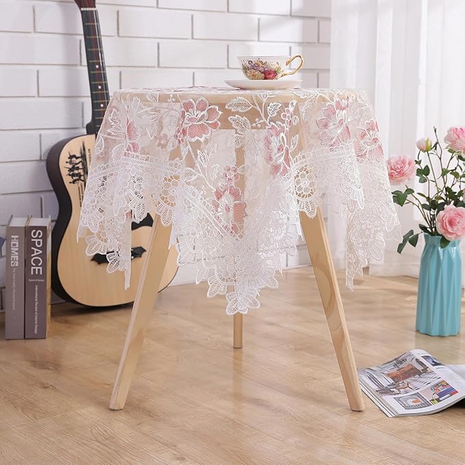White Lace Tablecloth Round Embroidered Lace Tablecloth Vintage Decorative Exquisite Border Table Cover for Party Wedding Home Decorations, Round-48, White
