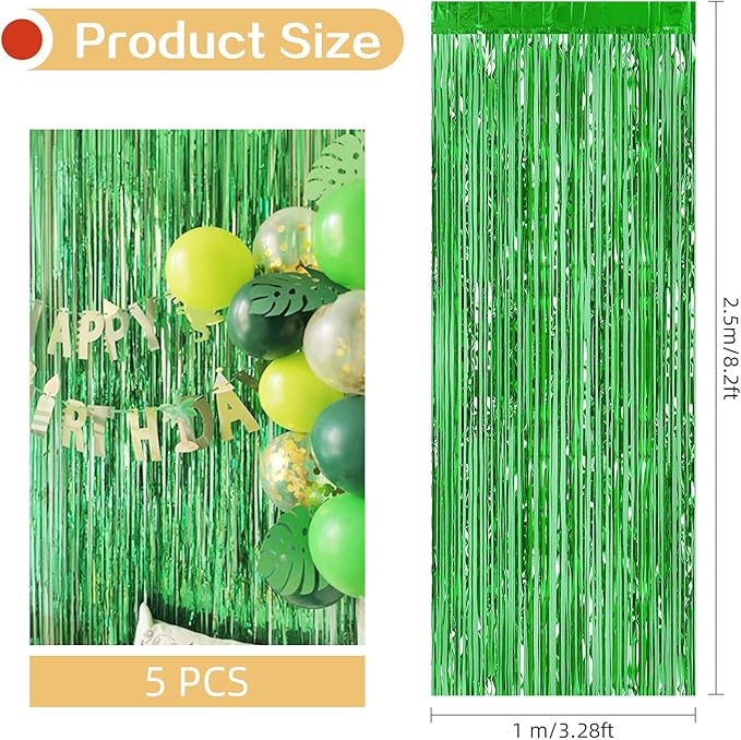 5 Pack Green Fringe Backdrop 3.2ft x 8.2ft Foil Curtain Tinsel Fringe Curtains Backdrop Streamers for Birthday Party Decoration Wedding Christmas Decoration