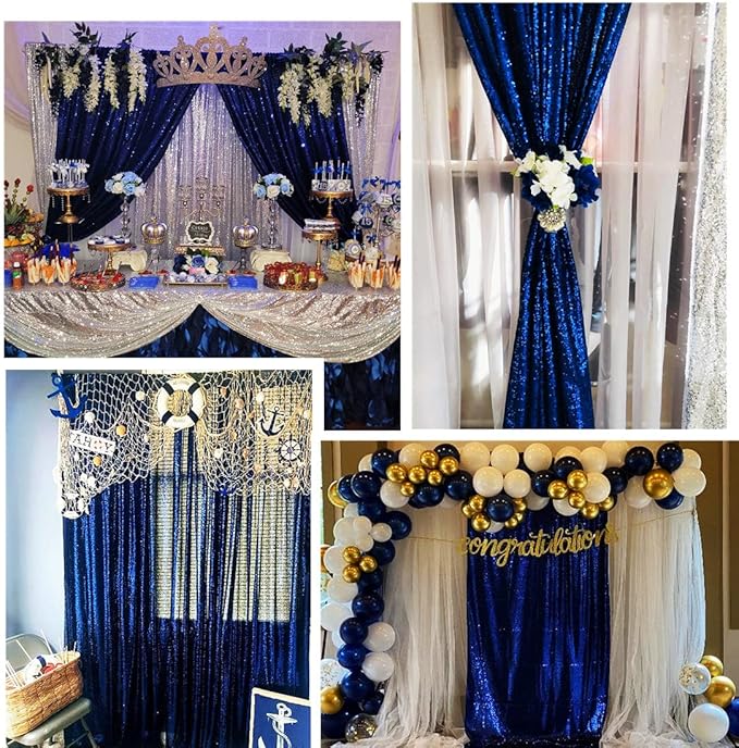 Poise3EHome 2Pcs 2Ft x 8Ft Navy Blue Sequin Backdrop Curtain,Navy Blue Glitter Photography Background for Independence Day,Memorial Day,Labor Day,Veterans Day