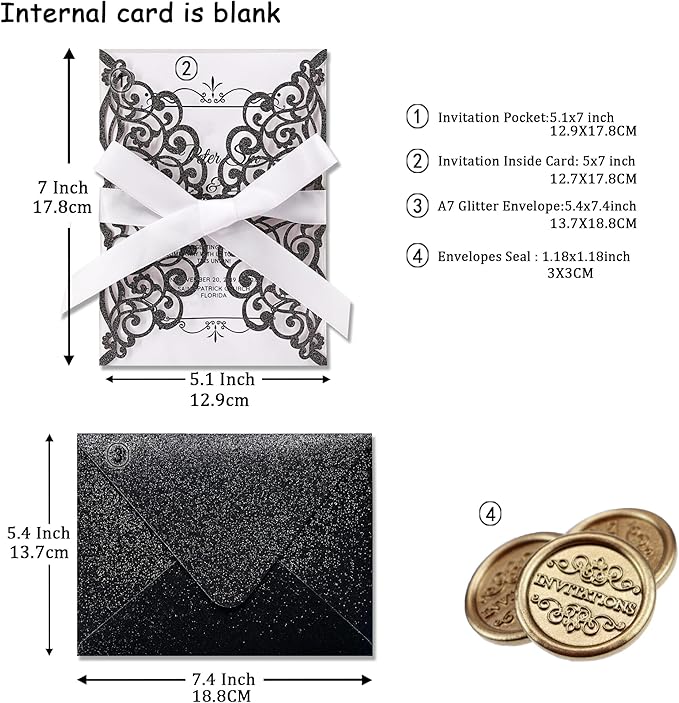 50Pcs Laser Cut Black Wedding Invitation With Glitter Envelopes And Ribbons Blank Personalized Card Invitaciones Para quinceañera Birthday Baby Shower Christmas Party Bridal Shower