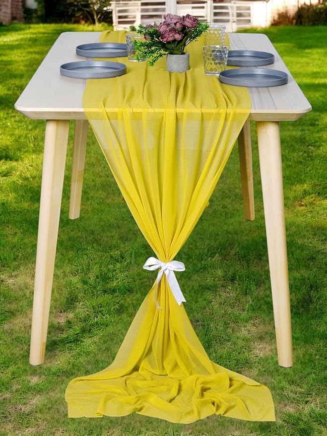 MDS 2 Pack 14ft Chiffon Table Runner 29 x 170 Inches Sheer Wedding Runner Romantic Rustic Table Runner for Wedding Decorations, Birthday Parties, Bridal Shower Party Arch Decor - Yellow