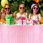 4 Pack 29x108 Inch Metallic Foil Fringe Tinsel Table Skirts for Rectangle Tables Streamer Backdrop for Wedding, Birthday, Parade Floats, Christmas, Halloween Party Decoration(Macaron Pink)