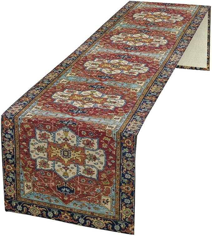 Vintage Boho Floral Table Runner, Rustic Country Farmhouse Red Blue Gold Retro Flower Pattern for Home Kitchen Table Decor Dining Coffee Room Party Decor 13x36in