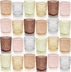 12 pcs Glass Votive Candle Holders, 6 Colors 3 Patterns Tealight Candle Holders for Fall Wedding Table Centerpiece Birthday Decoration