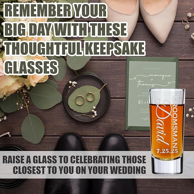 Custom Engraved 2 oz Shot Glass – Personalized Etching – Groomsman & Bridesmaid Gift – Wedding Favor Shot Glasses Set of Six