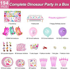 194 PCS Pink Dinosaur Party Decorations for Girls, Dinosaur Birthday Party Supplies Includes Dino Balloons, Backdrop, Happy Birthday Banner, Tablecloth, Plates, Napkins, Cake Toppers