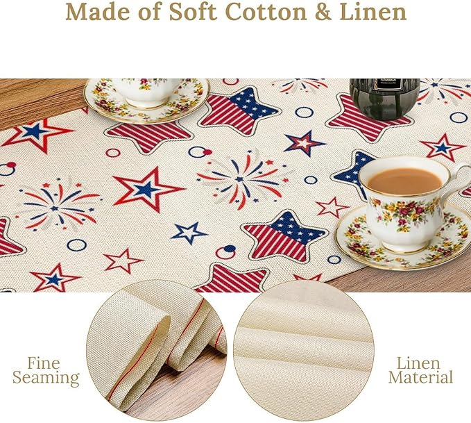 4th of July Table Runner, American Patriotic Independence Day Red Blue White Stars Stripes Fireworks Print Table Runner for Home Party Decor Kitchen Dining Table, 13x36inch