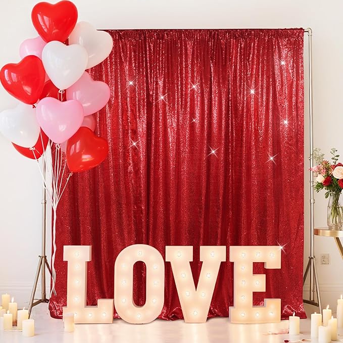 SquarePie Sequin Backdrop Less Transparent Background Sparkly Curtain for Wedding Party 7FT x 7FT Red