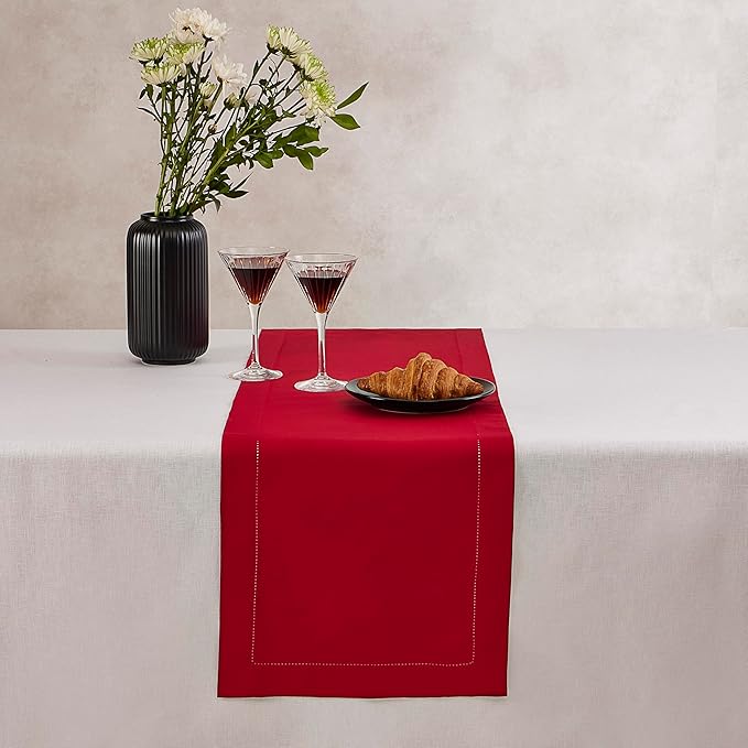 Red Table Runner 36 Inch – Cotton Linen Hemstitch Farmhouse Table Runner 14x36 – Washable Fabric for Dining, Fall, Halloween, Thanksgiving, Spring, Summer, Wedding, Everyday Décor – Serena