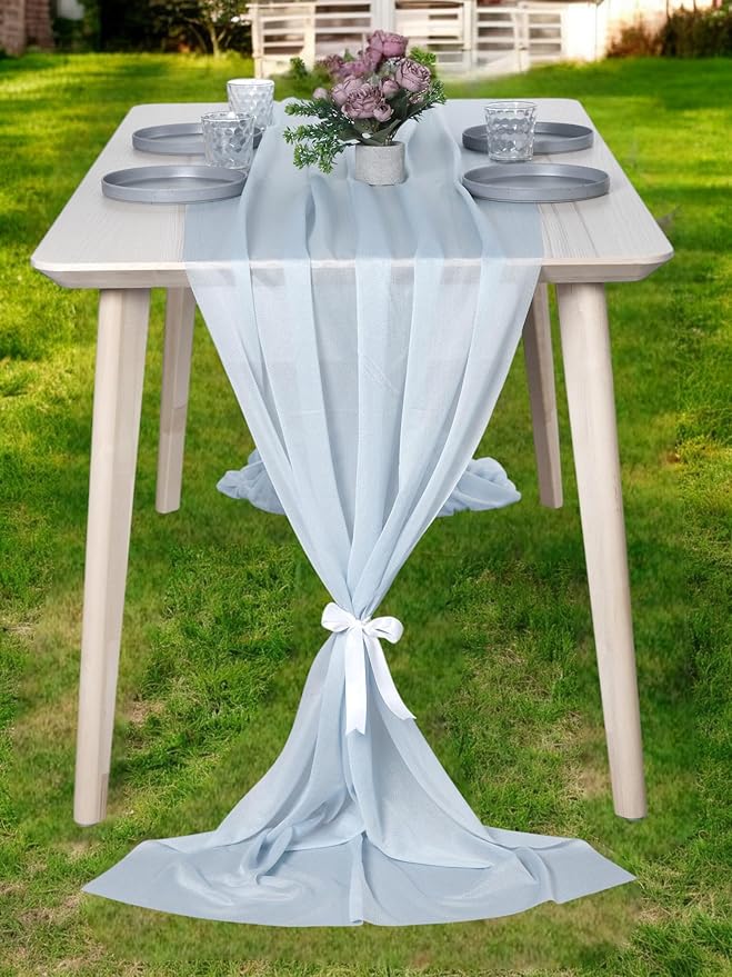 MDS 20 Pack 10ft Chiffon Table Runner 29 x 120 Inches Sheer Wedding Runner Romantic Rustic Table Runner for Wedding Decorations, Birthday Parties, Bridal Shower Party Arch Decor - Baby Blue