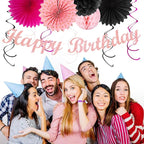 Hot-Pink Black Girls-Women Birthday Party-Decorations - 21pcs Baby Happy Banner, Paper Streamers Lanterns,Tissue Pom Poms Fan,Backdrop Decor Huglony