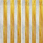 Crosize 2 Pack Foil Fringe Curtains Party Decorations, Gold Tinsel Curtain Backdrop for Parties, Door Streamers, Glitter Streamer Fringe Backdrop for Birthday Decoration (Gold and Silver, 2 Pack)