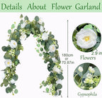 2 Pack 12Ft Artificial Eucalyptus Flower Garland with White Roses, Fake Flowers Greenery Garland Flower Vines for Wedding Party Mantle Table Runner Spring Summer Home Decor (2PCS,White