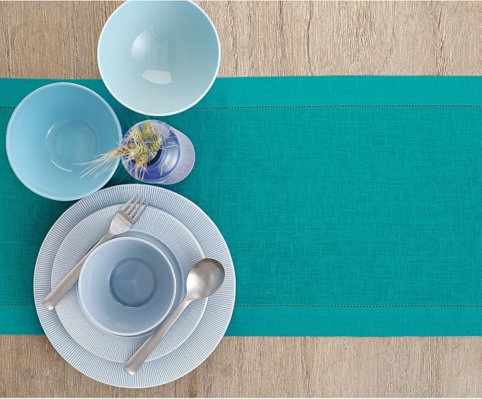 Solino Home Linen Hemstitch Table Runner 36 Inches - 100% Pure Linen Teal Table Runner 14 x 36 Inch Ideal for Dresser and Coffee Tables - Fall, Autumn, Thanksgiving, Christmas - Classic Hemstitch