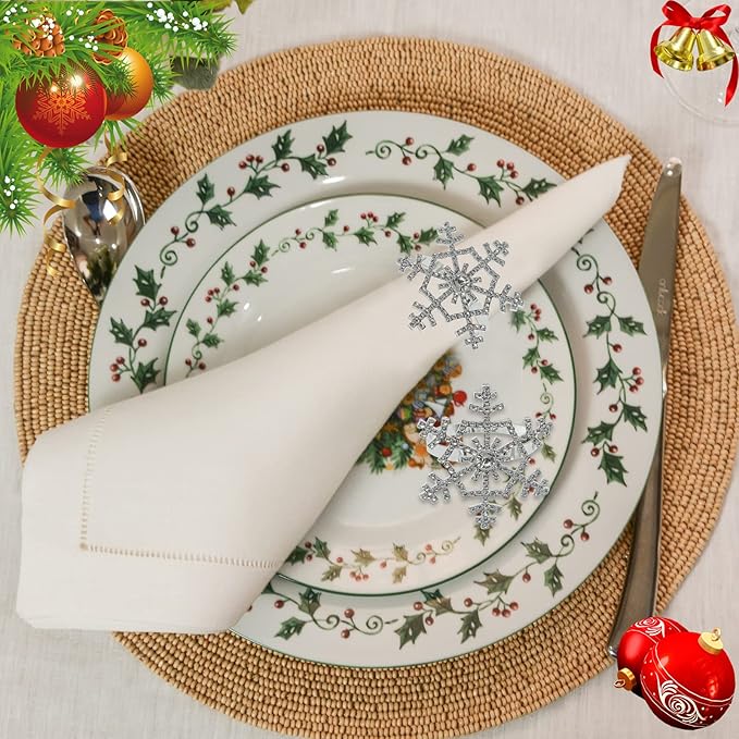 Halatool Set of 6 Christmas Rhinestone Snowflake Napkin Rings for Xmas Dining Table- Napkin Ring Holder for Christmas, Thanksgiving, Holiday Party Table Decoration