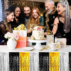 3 Pack 29 x108 Inch Black and Gold Foil Fringe Table Skirts Metallic Banner for Tinsel Streamer Garland Backdrop for Parade Floats Mother's Day, Graduate, Birthday, Wedding Party Decoration