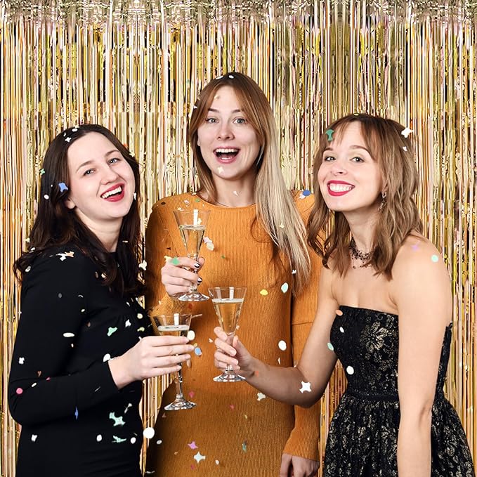 10 Pack Champagne Gold Foil Curtain Backdrop 3.2ft x 9.8ft Metallic Tinsel Foil Fringe Curtains Streamer Photo Booth Backdrop for Birthday Party Engagement Bachelorette Party Decorations
