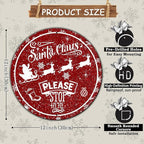 Round Metal Tin Sign - Santa Sleigh Reindeer Vintage Sign - Santa Claus Please Stop Here Sign for Christmas Living Room Bedroom Coffee Bar - 12 * 12 in