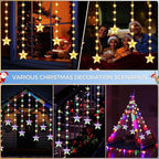 32 Stars Christmas Window Lights, IP65 Waterproof 52 LEDs Twinkle Star Fairy String Lights with 8 Modes Timer, Warm White & Multicolor, Battery Operated Hanging Xmas Star Decoration for Indoor Outdoor