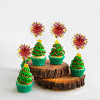 Ephlyn 30Pcs Foil Firework Cupcake Toppers Party Birthday Cake Toppers Supplies Sparkle Tinsel Cocktail Fruit Toothpick for Birthday Wedding Graduation Party Red