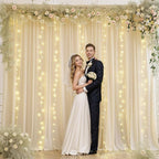 Beige Backdrop Curtains with Lights String for Parties,10x10FT Wrinkle Free Polyester Wedding Photo Backdrop Curtains for Baby Shower Birthday Ceremony Reception Home Party Decorations