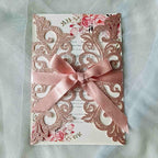 25PCS Rose Gold Laser Cut Wedding Invitations Cards with Envelopes,Blank Inner Sheets,Ribbons for Wedding Bridal Shower Quinceañera Engagement Birthday Invites, rose gold glitter
