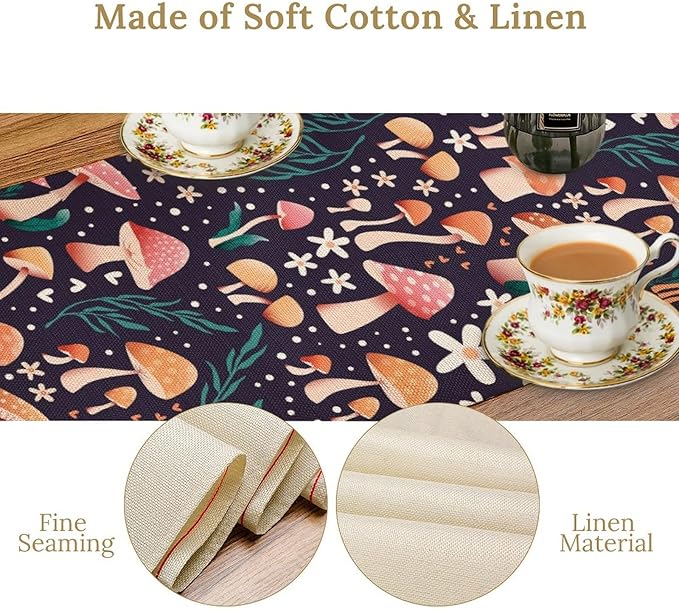 Mushroom Table Runner,Retro Forest Plant Table Cloth Farmhouse Kitchen Dining Table Decoration for Home Party Decor 13x60 Inch