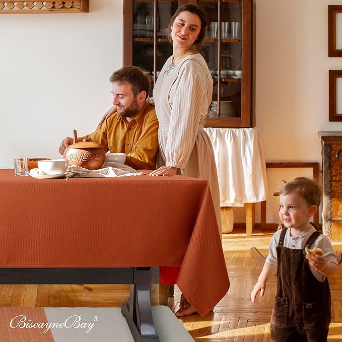 Biscaynebay Fall Tablecloth Textured Fabric 70x120 Inch Rectangular, Rust Thanksgiving Autumn Harvest Water Resistant Fabric Tablecloths for Kitchen, Dining, Wedding, Parties Machine Washable