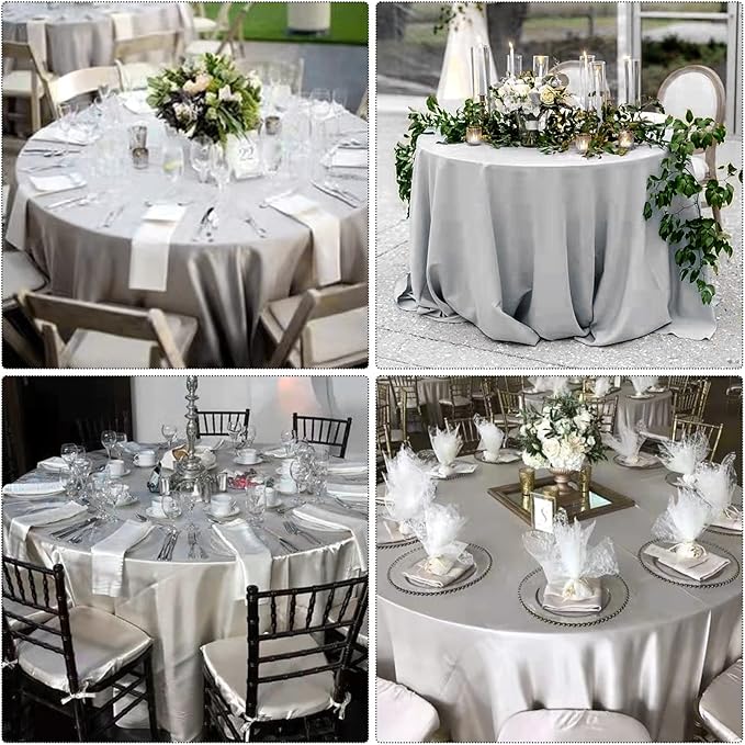 12 Pack 108 Inch Silver Satin Tablecloth - Premium Bright Silky Round Tablecloth Overlay Smooth Fabric Table Cover, Table Decoration for Wedding Party Banquet Events Restaurant Kitchen Dining
