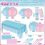 452 Pcs Gender Reveal Party Supplies Boy or Girl Party Decoration, Glitter Pink and Blue Paper Plates Napkins Cups Tablecloth Cutlery Straw for Baby Shower Birthday, Serves 50